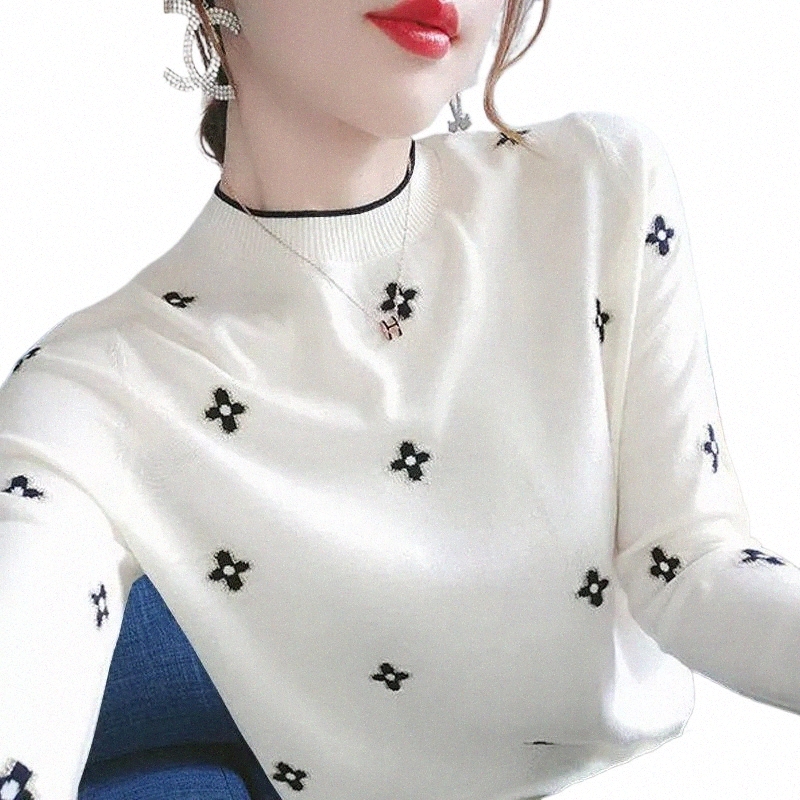 women's Sweaters Delicate Embroidered Sweater Woman Autumn And Winter Slim Large Undershirt Students Han Versi Of Lg-sleeved Swearter