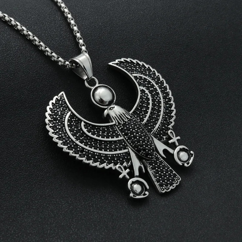 EyeYoYo Men Necklaces Egyptian Horus Bird Falcon Holding Ankh Pendant S Gold Black Steel Fashion Hiphop Costume Jewelry Choker 240618