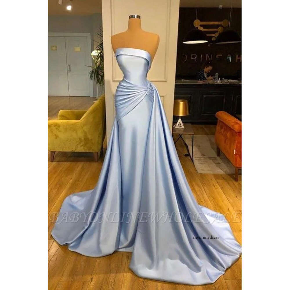 Elegant Strapless Satin Mermaid Evening Dresses Ruched Sweep Train Prom Gowns Women Formal Ocn Vestidos Bc16760 0517 0618 0703