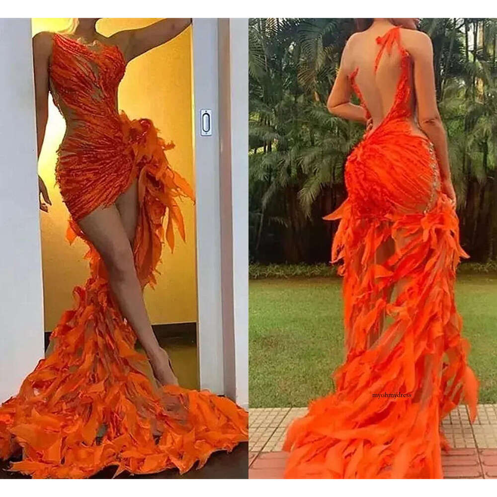 Stunning Orange Mermaid Prom Dresses Sexy Sheer Backless High Low Evening Gowns Illusion Appliques Tail Vestidos Formal Ocn Wears Bc14878 0618 0703 66