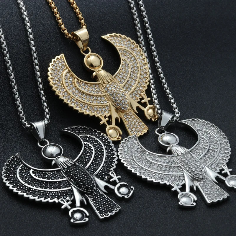 EyeYoYo Men Necklaces Egyptian Horus Bird Falcon Holding Ankh Pendant S Gold Black Steel Fashion Hiphop Costume Jewelry Choker 240618