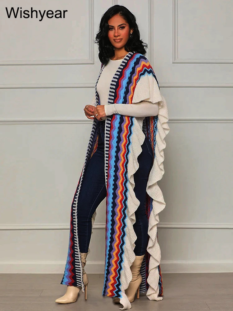 Women Half Sleeve Open Side Split Sweater Shawl Coat Street Colorful Striped Ruffles Knitted Festival Birthday Long Cardigans 240701wtt