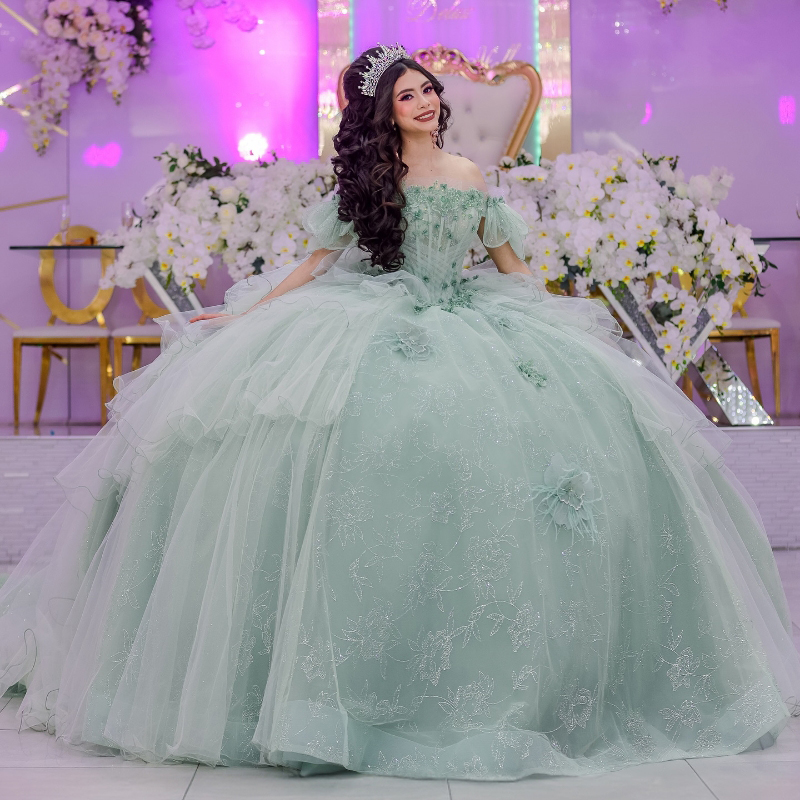 Light Green Quinceanera Dresses Off The Shoulder Applique Wer Beads Tull Sweet 16 Year Vestidos De 15 Anos Birthday Party Gown