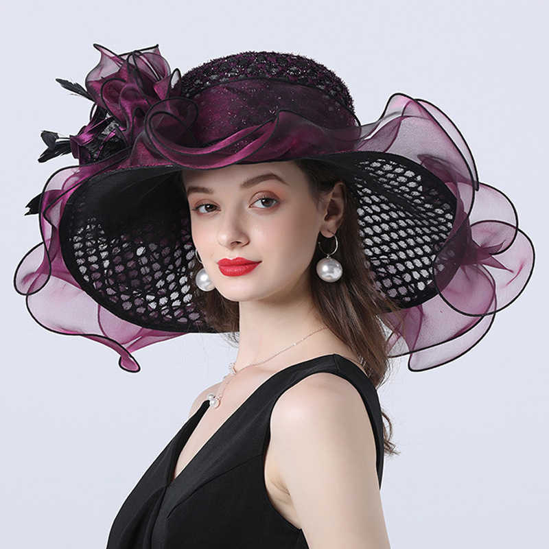 Wide Brim Hats Bucket Hats FS 2024 Kentucky Derby Hats For Women Rose Red Tea Party Wedding Organza Cap Feather Flower Plaid Fascinator Wide Brim Fedo