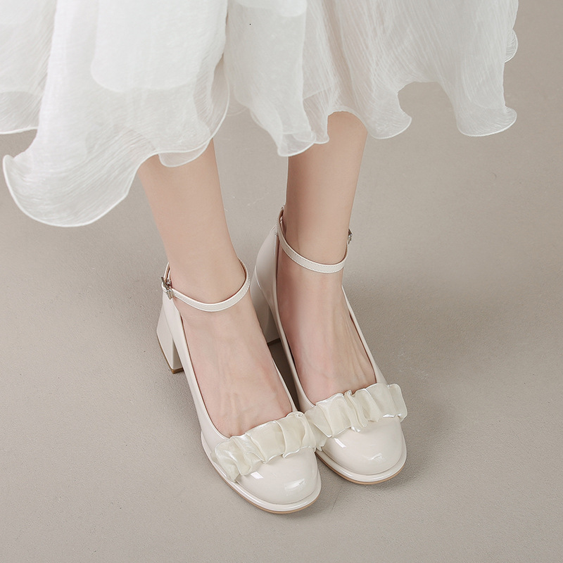 Single shoe women 2023 new thick high heels fairy shallow mouth small leather gentle Mary Jane shoes women's French style
