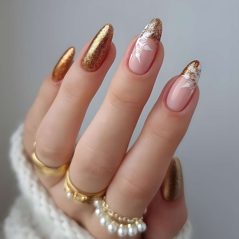 24 Pcs Long Oval Christmas Press On Pink French Style Glitter Fake Artificial Finger Manicure Reusable False Nails F703-9
