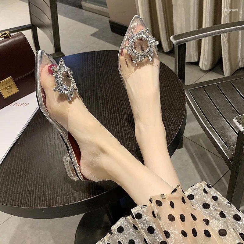 Casual Shoes Women High Heel Sandals Summer Pointed Toe Rhie Low Thickened Transparent Fashion Crystal For