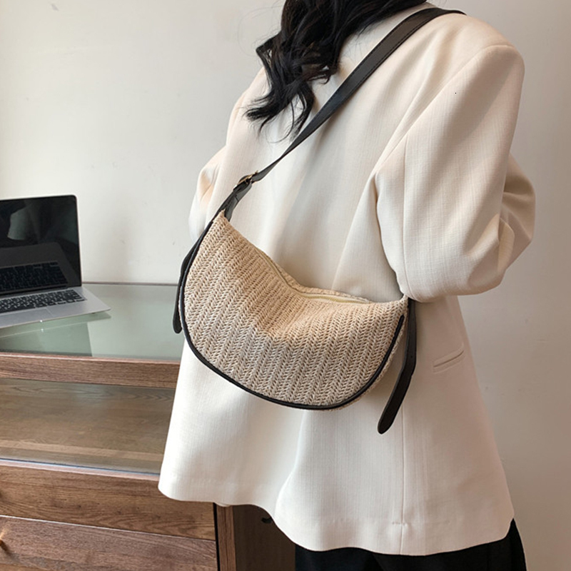 Fashion Woven Hobo Straw Bohemian Half Moon Travel Beach Bags for Women Handbags Designer Handmade Shoulder Crossbody Bag H7.3#13.5 035e5