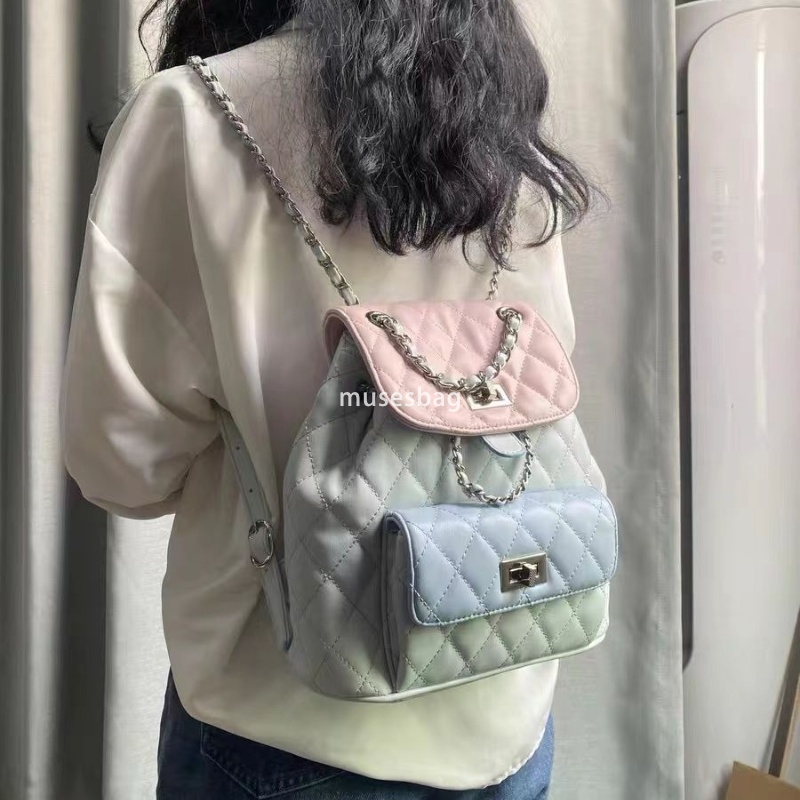 Ladies' Fashion Backpack, PU Leather Backpack, Adjustable Chain Pattern Bag, Ladies' Shopping Bag, Student Business Color blocked Fashion Ba