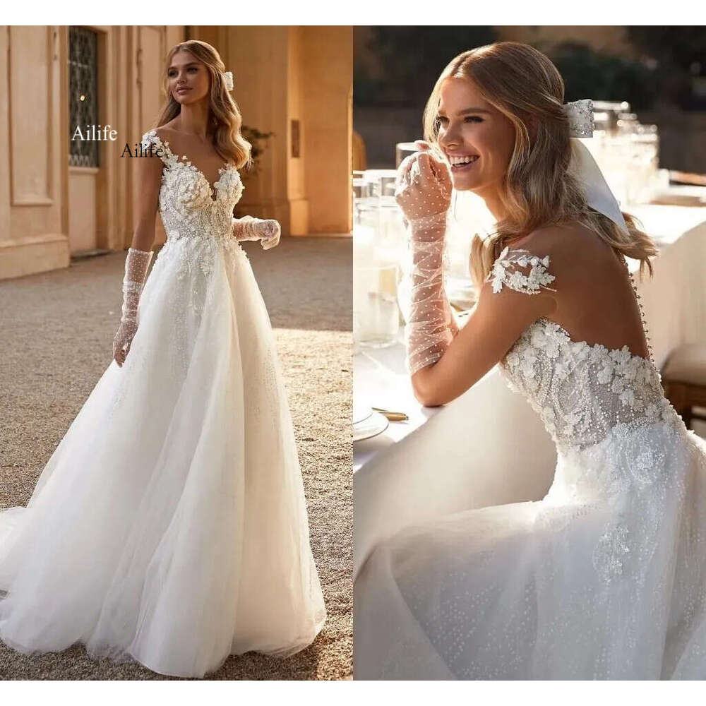 2024 Boho A e Wedding Dress For Bride Illusion Back V Neck Embroidery Beads Lace Bridal Party Gown Vestidos Noiva Robe De Mariage 0624W 0703