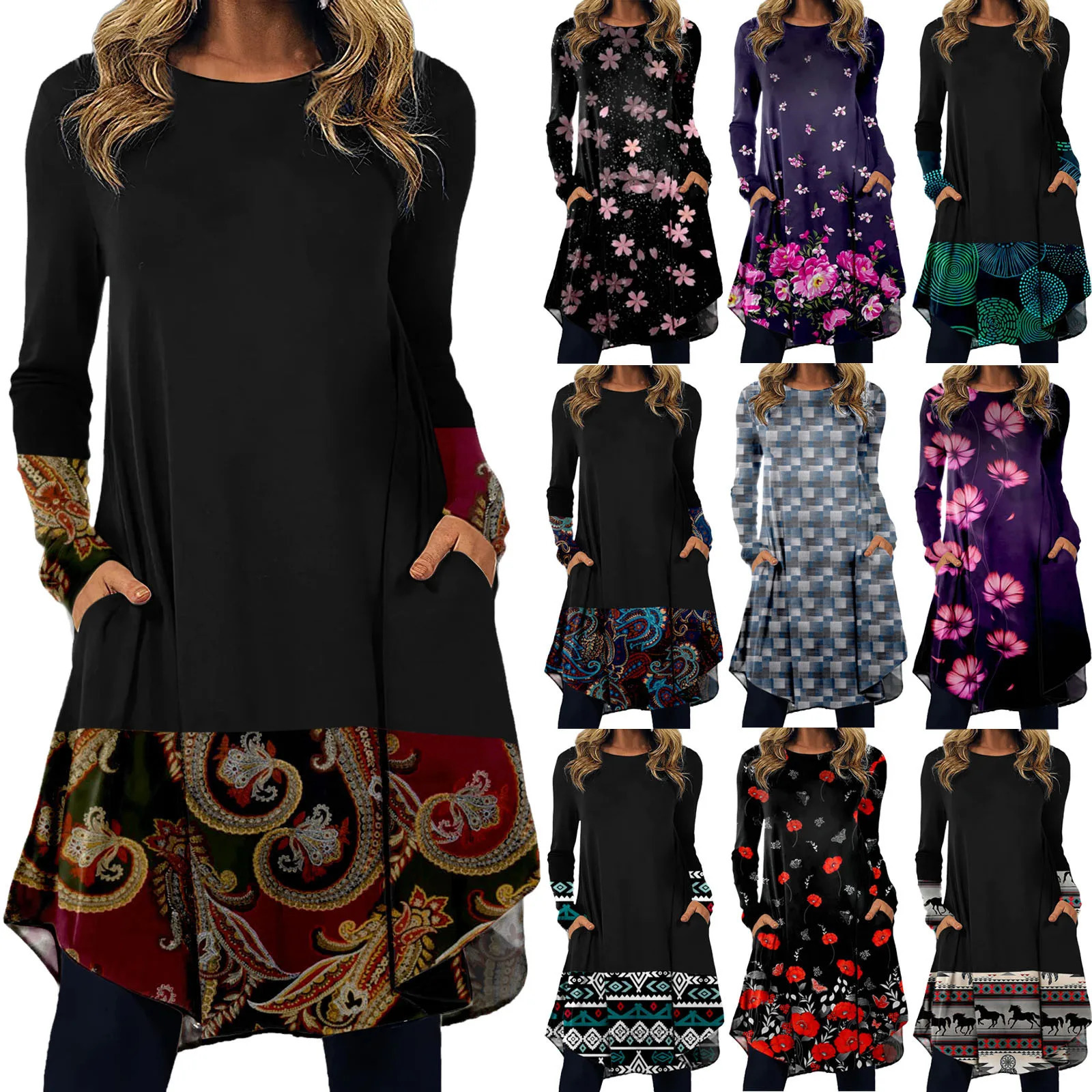 Women Black Print Bohemian Vintage Dresses Long Sleeve Casual Loose Boho Dress for Lady Autumn Spring Clothing 240628