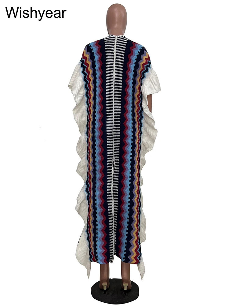 Women Half Sleeve Open Side Split Sweater Shawl Coat Street Colorful Striped Ruffles Knitted Festival Birthday Long Cardigans 240701wtt