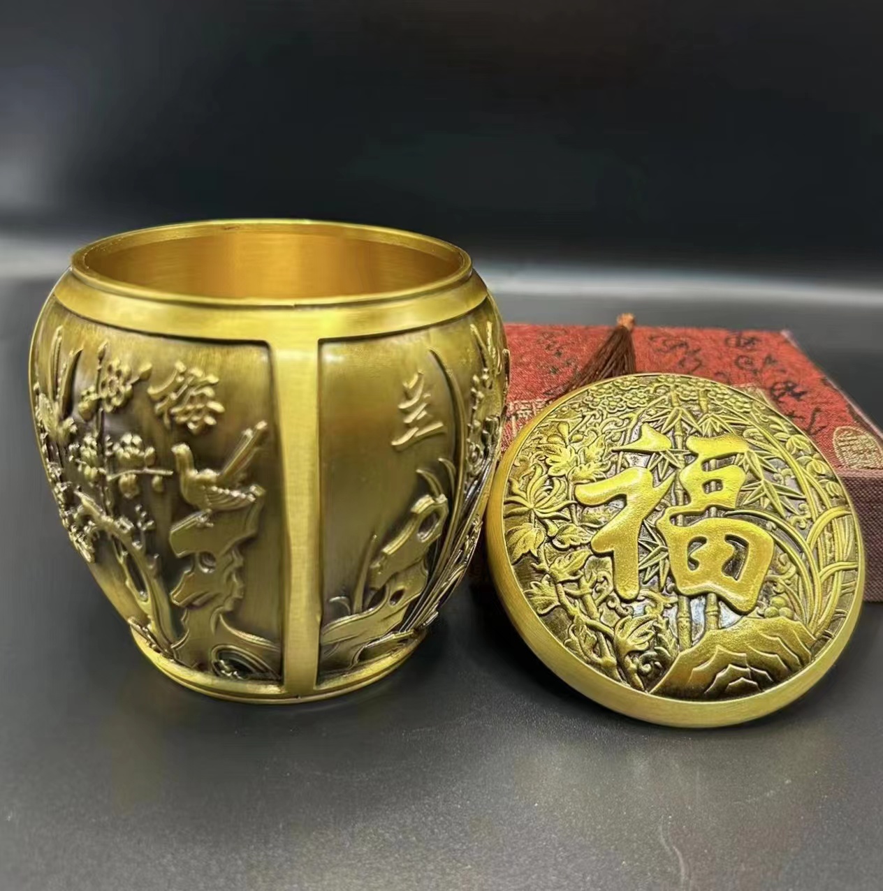 Plum, Orchid, Bamboo, Chrysanthemum, Four Gentlemen, and Blessings Tea Pots, Brass Carved Storage Pots, Household Copper Tea Ceremony Crafts and Decor
