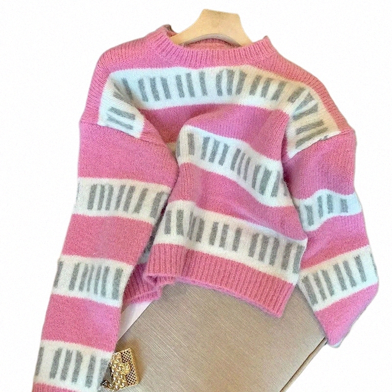 new women Sweaters Winter Pullover Vintage Sweet Knitted Jumpers Korean Chic Striped O Neck Sueter Mujer