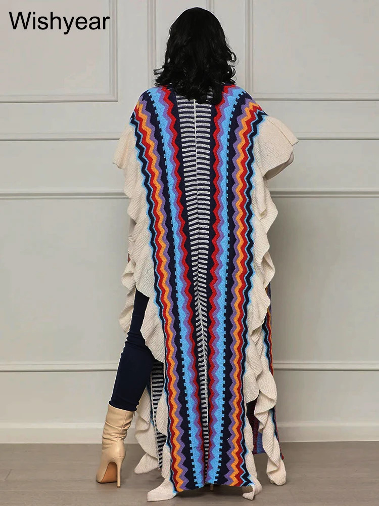 Women Half Sleeve Open Side Split Sweater Shawl Coat Street Colorful Striped Ruffles Knitted Festival Birthday Long Cardigans 240701wtt