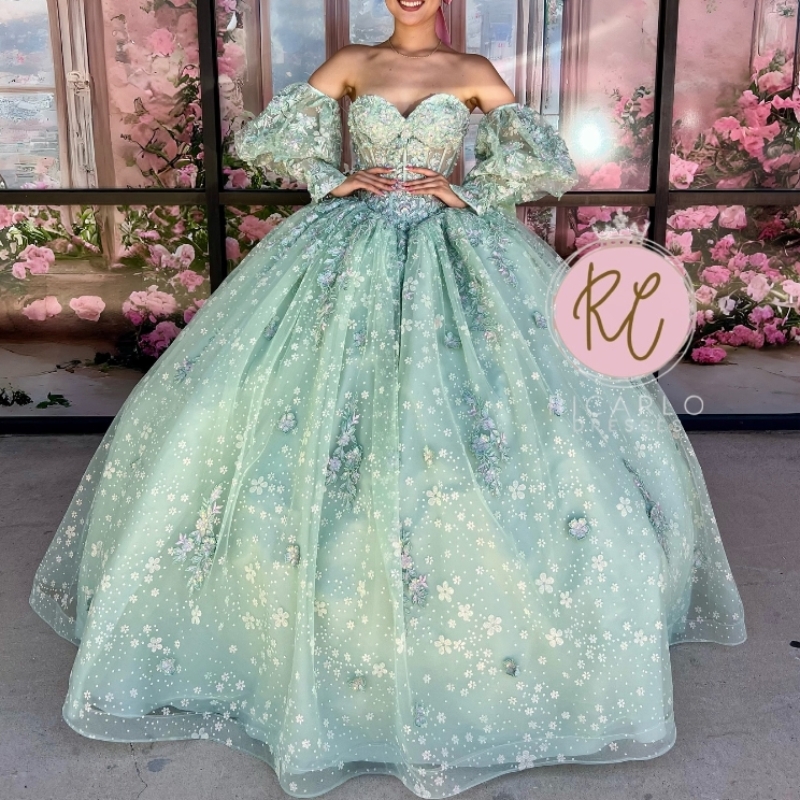 Sage Green Shiny Princess Ball Gown Quinceanera Off The Shoulder Applique Lace Beads Tull Sweet 16 Dress Vestido De 15 Anos