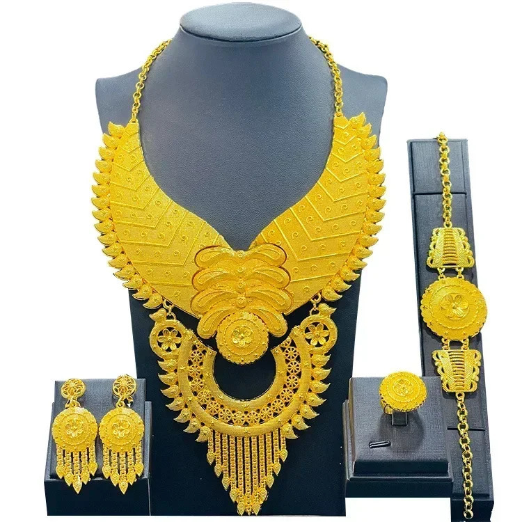 High Quality 24k Gold Plated Dubai Jewelry Set African Middle East Womens Jewelry Necklace Bracelet Earring Ring Wholesale 240701