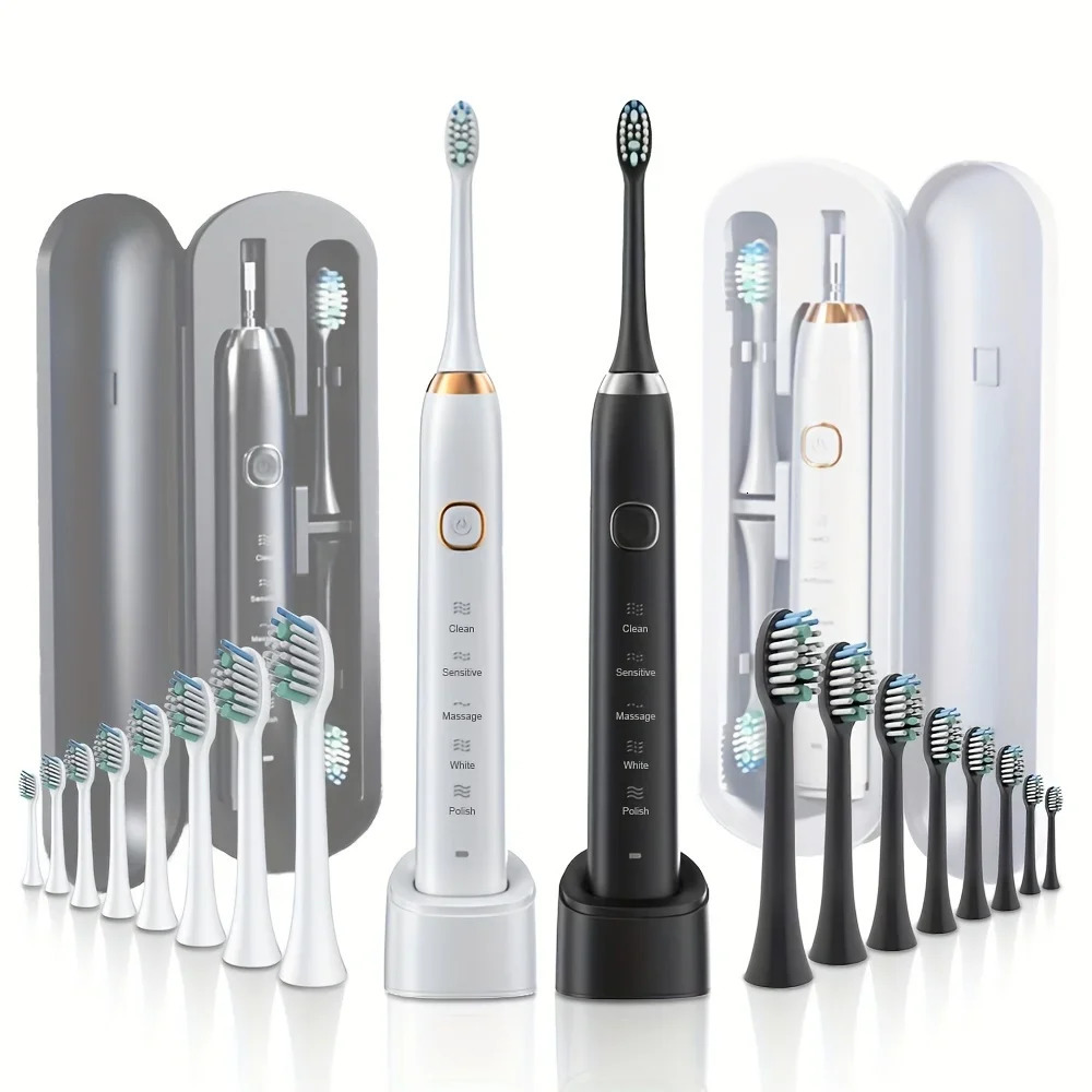 The electric toothbrush comes with a 6-head brush a rechargeable portable electric toothbrush with a holder and travel case 240702