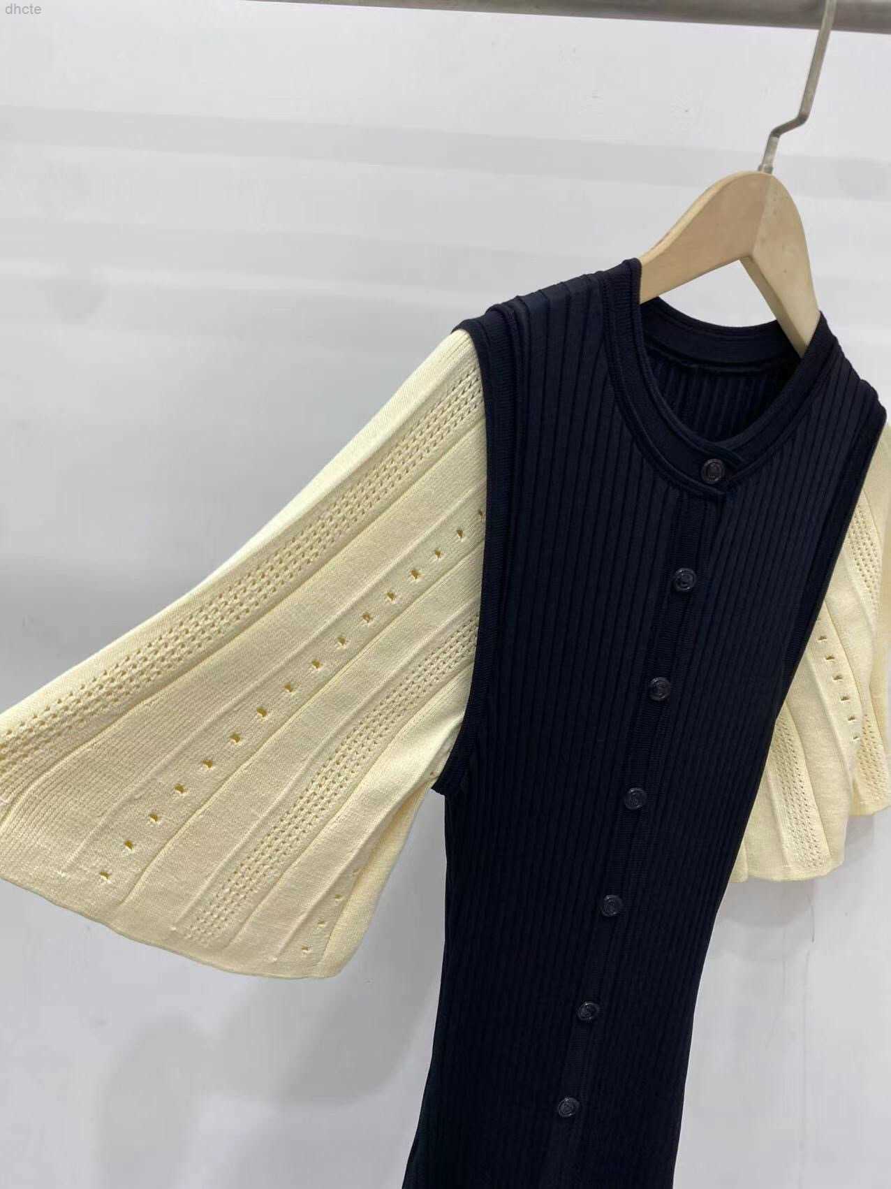 Basic Casual Dresses 23-Sandro Single row round neck hollowed out fishtail knitted waist long dress for women