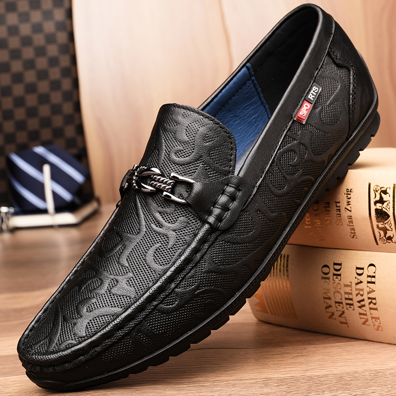 Leather Loafers: Men's Casual Slip-On Shoes with Buckle, Black and White, 2024 4