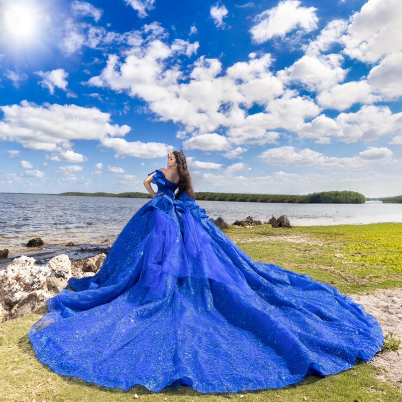 Royal Blue Shiny Ball Quinceanera Off The Shoulder Beads Bow Birthday Party Gown Sweet 16 Dresses Vestidos 15 De Novia