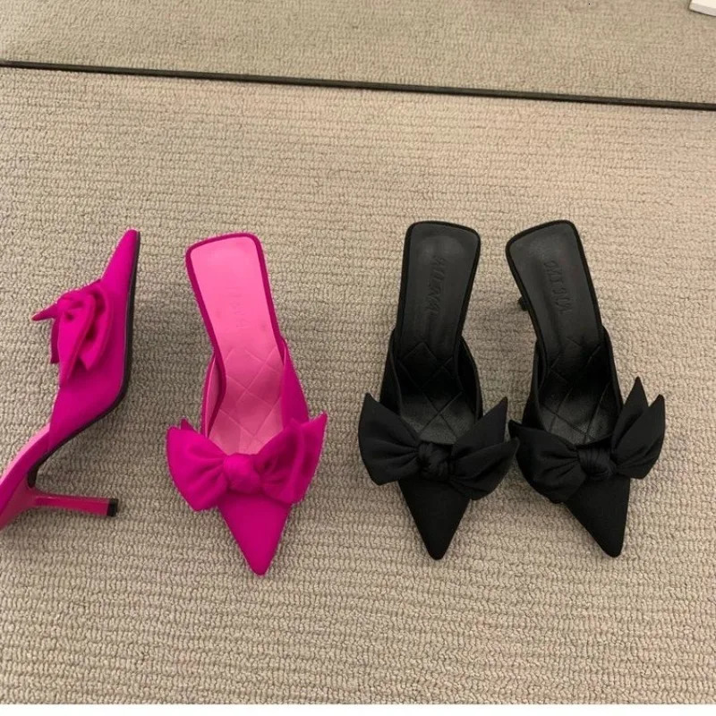 Fashion 2024 Women Slippers Stiletto Sexy High Heels Bowknot Slippers Flip Flops Pointed Toe Slides Party Shoes Woman G308 240703
