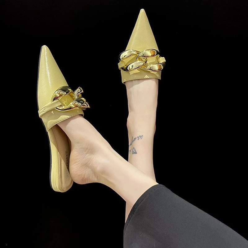 Spring Womens Mules Shoes Pointed Toe Low Heel Womens Slippers Summer Metal Chain Female Sandals Woman Closed Toe Casual Shoes 240703
