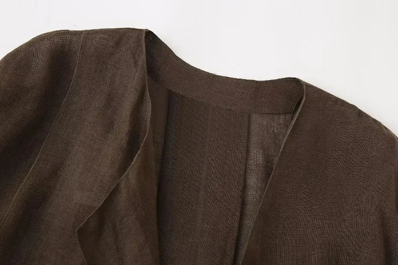 Spring Linen Suits for Women 2024 Fashion Brown Cardigan Kimono Top Lace Up Wild Casual Womens Wide Leg Pant 2 Pcs Set 240701