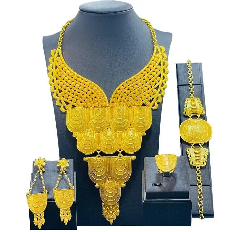 High Quality 24k Gold Plated Dubai Jewelry Set African Middle East Womens Jewelry Necklace Bracelet Earring Ring Wholesale 240701