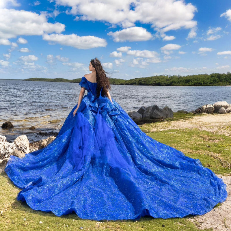 Royal Blue Shiny Ball Quinceanera Off The Shoulder Beads Bow Birthday Party Gown Sweet 16 Dresses Vestidos 15 De Novia