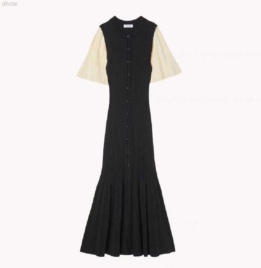 Basic Casual Dresses 23-Sandro Single row round neck hollowed out fishtail knitted waist long dress for women