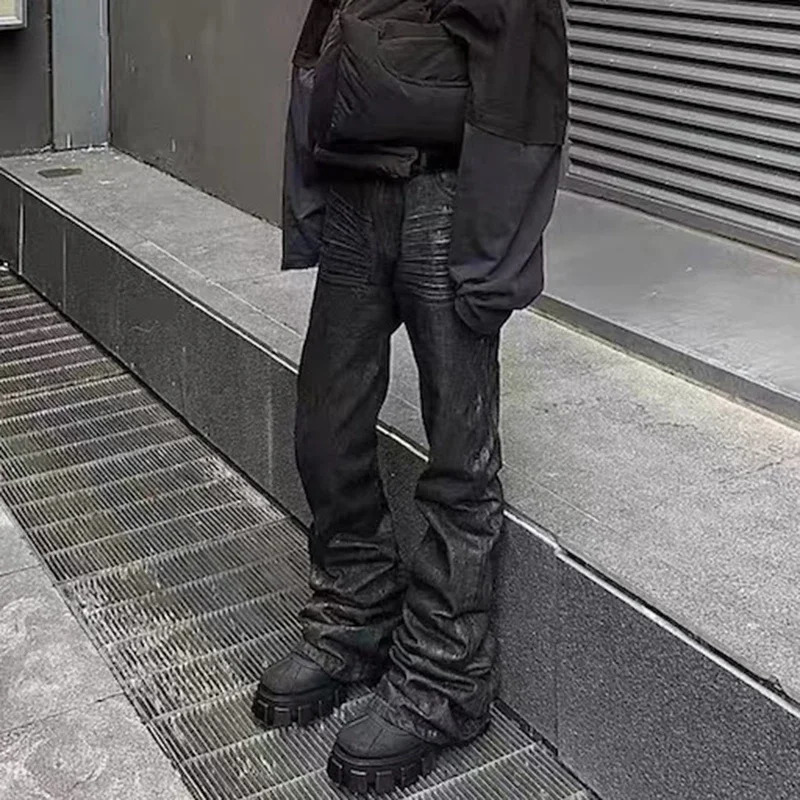 High Street Hand Brushed Glue Sparkling Baggy Flare Jeans for Men Y2k Pantalones Hombre Leather Pants Oversized Denim Trousers y240626