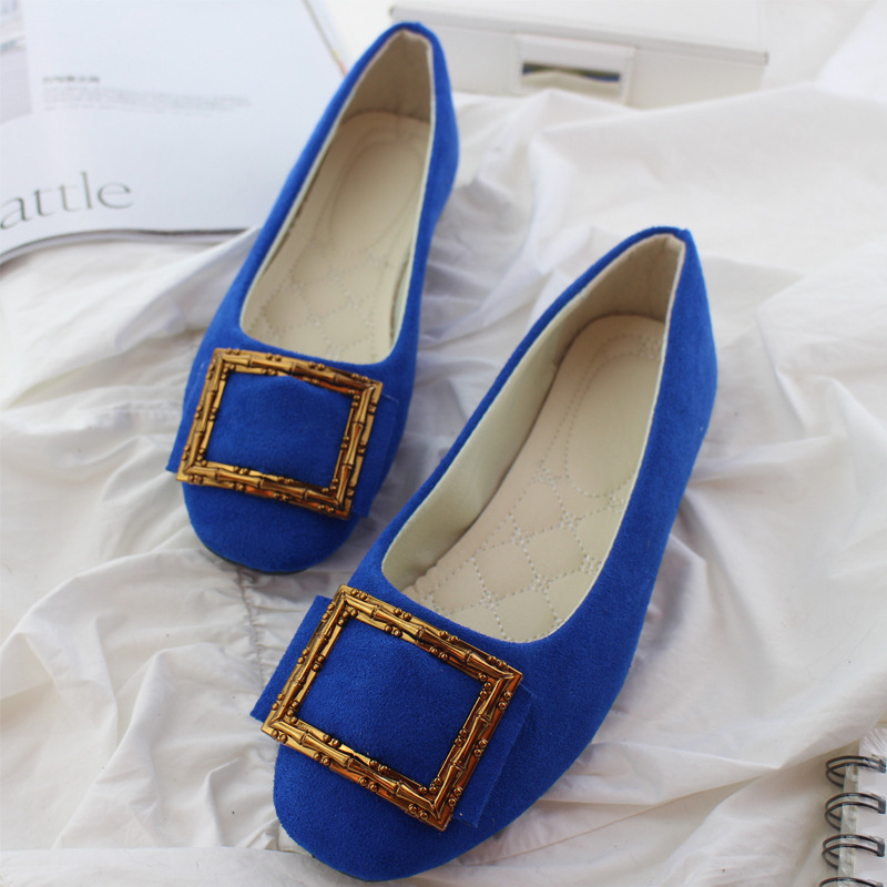 Spring and Autumn Korean version candy color flat bottom square toe pumps women's scoop shoes plus size square buckle women's shoes blue 4 c