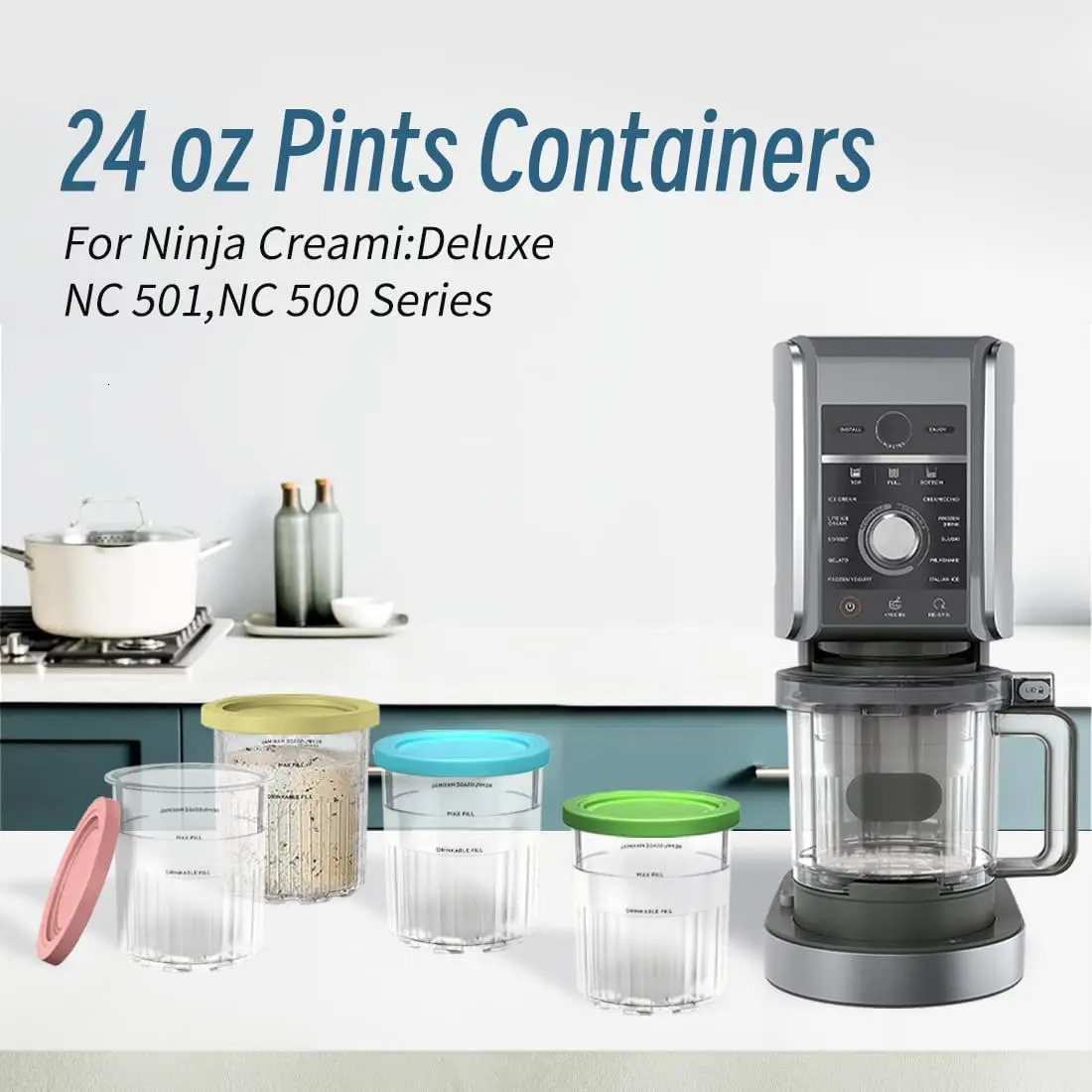 For Ninja Creami Deluxe 11-in-1 XL Family Size NC500/NC501 Pints 4 Pack 24oz Dishwasher Safe BPA-Free Leak Proof Assorted Colors 240624
