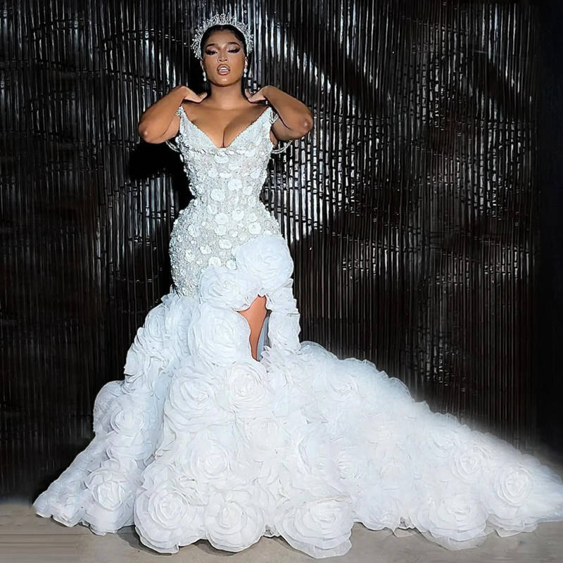 2024 Mermaid Dress Bridal Off Shoulder Wedding For Bride ra Marriage Gowns for African Black Women High Side Split Dresses D270