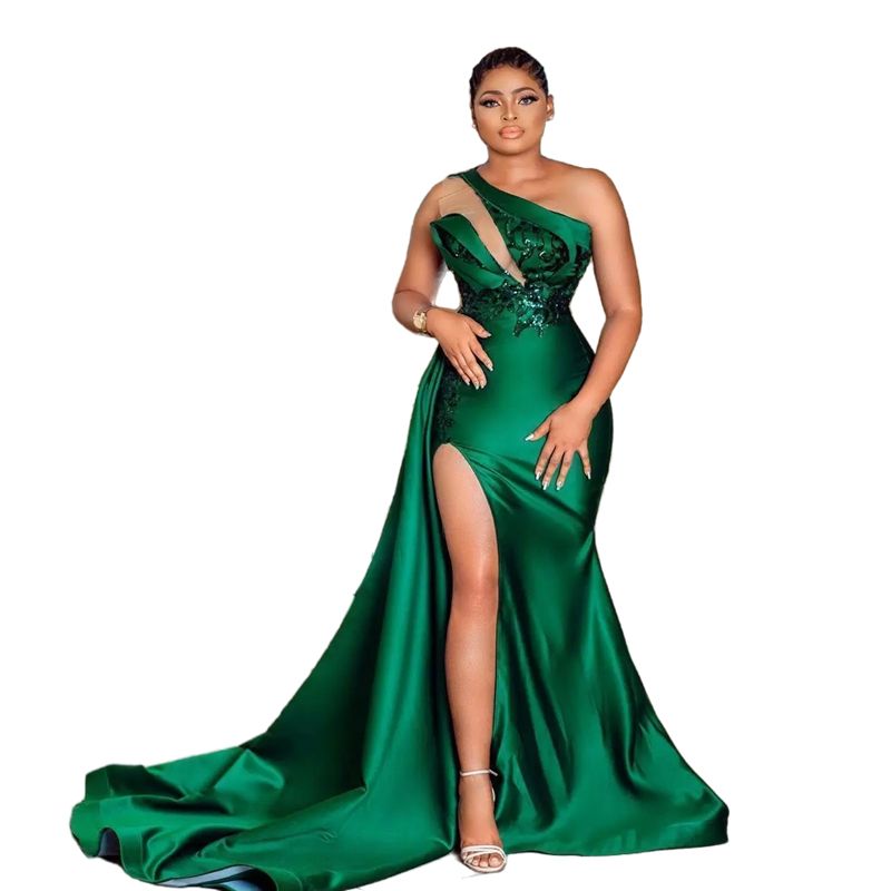 One Shoulder Mermaid Prom Dresses Side Slit Sequins Delicate Emerald Green Evening Formal Dress For Women Slim Fitted Satin Special Occasion Gown