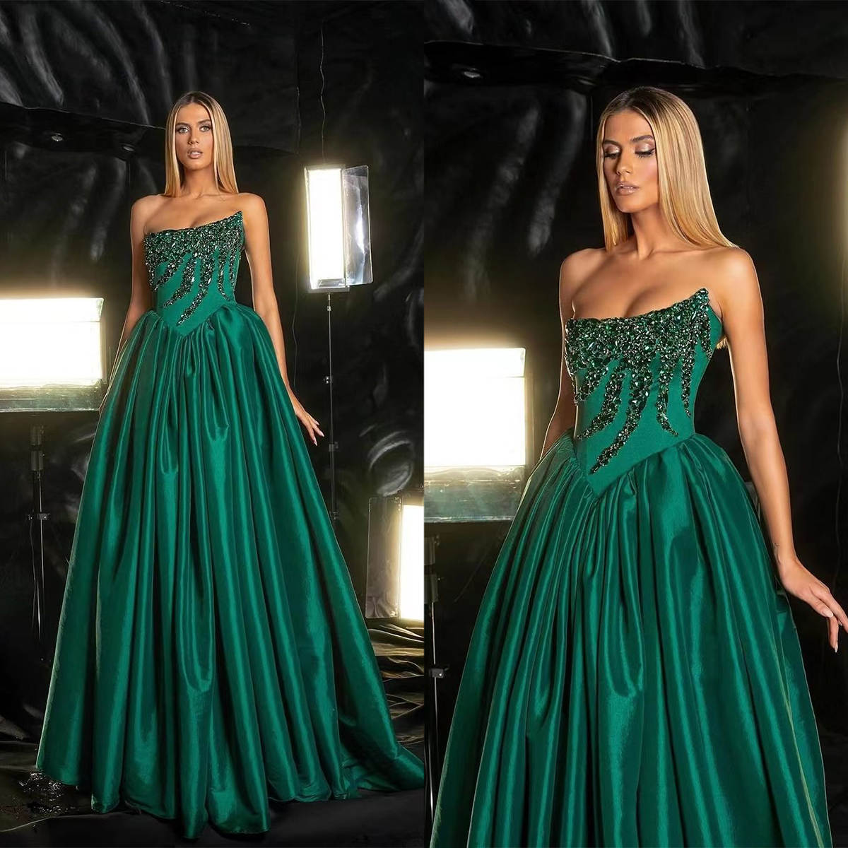 Classic Evening Dresses For Women Strapless Sleeveless Gown Sequins Appliques Sweep Train Dress Party Prom Custom Made
