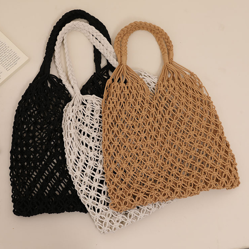 Large Capacity Hollow Woven Handbag Portable Beach Bag Casual Solid Color One-shoulder Bag Cotton Rope Handmade Net Bag