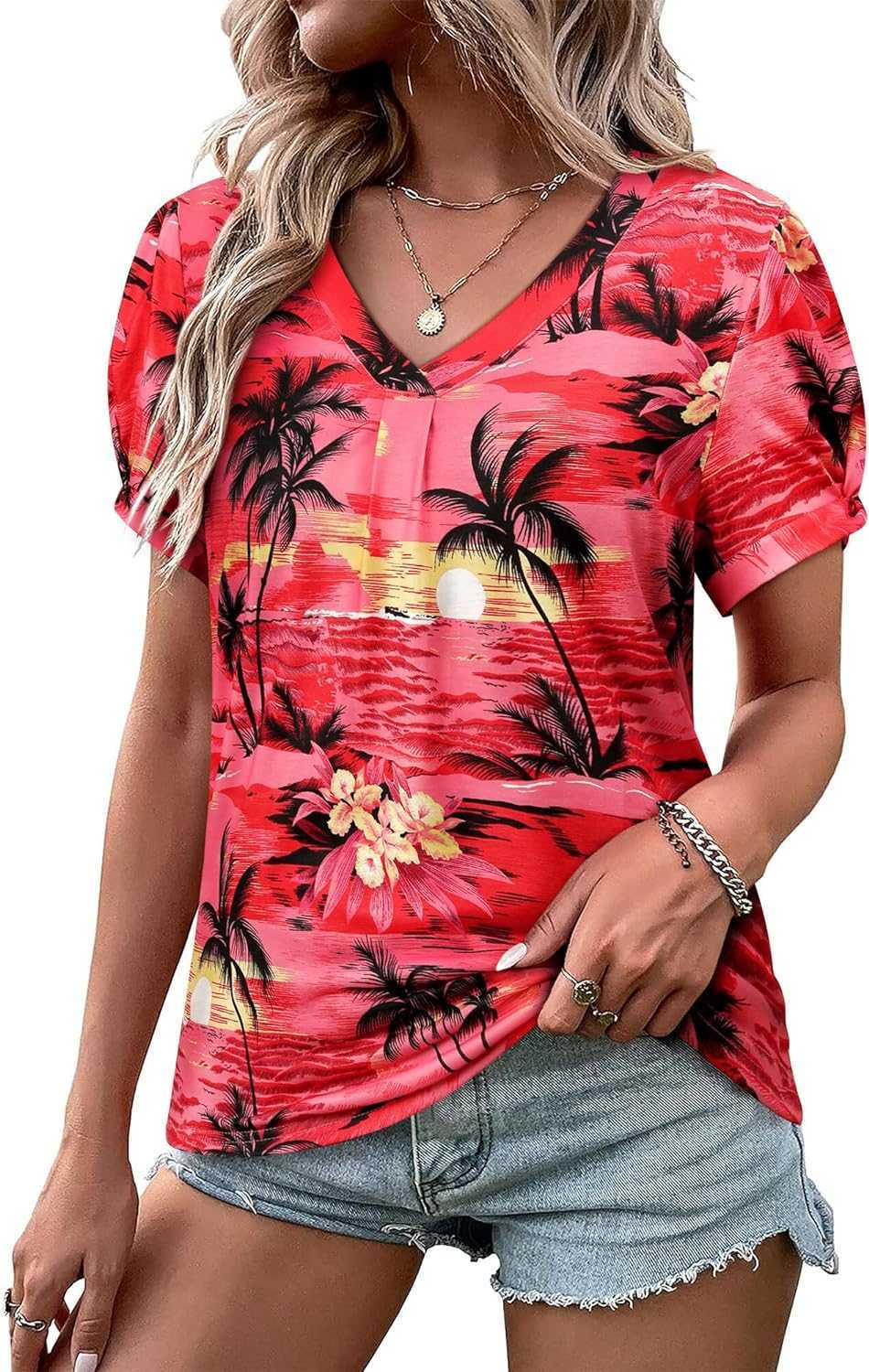 Women's T-Shirt Womens Puff Short Sleeve Hawaiian Shirts Floral Tropic Printed Pleated V Neck Summer Casual T-Shirt Trendy Boho Blouses Tops