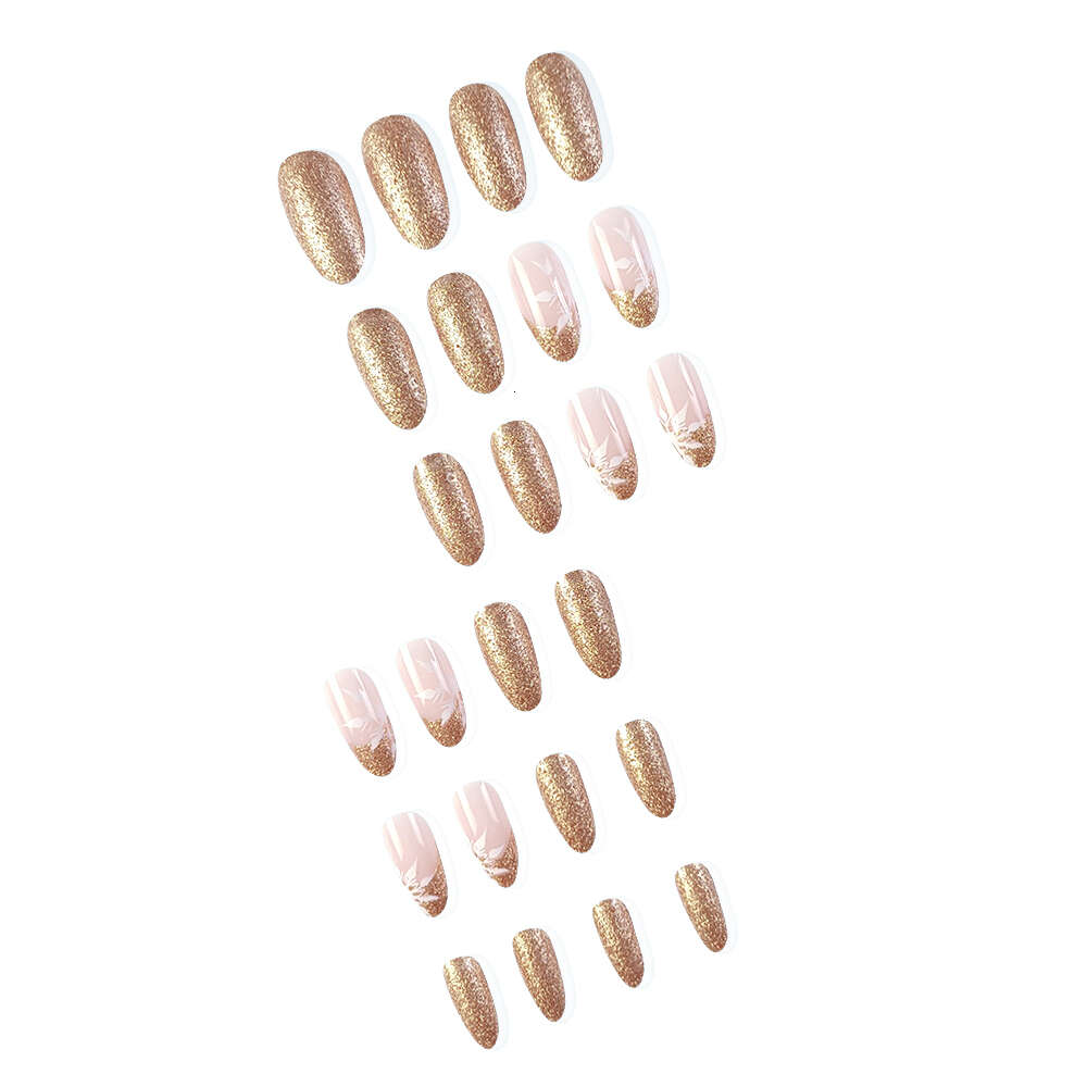 24 Pcs Long Oval Christmas Press On Pink French Style Glitter Fake Artificial Finger Manicure Reusable False Nails F703-9
