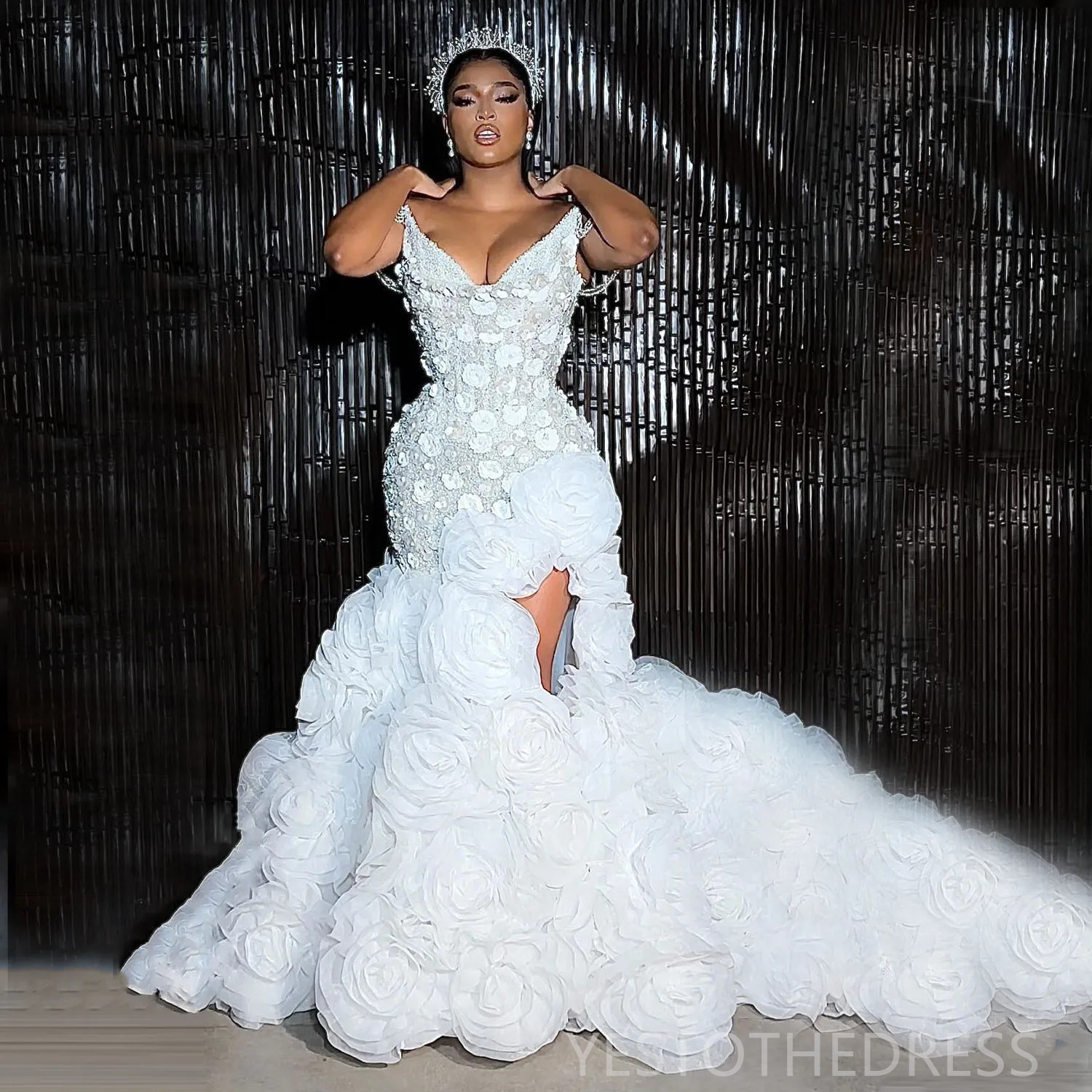 2024 Mermaid Dress Bridal Off Shoulder Wedding For Bride ra Marriage Gowns for African Black Women High Side Split Dresses D270