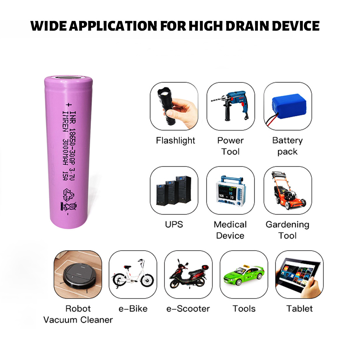 IMREN Original 18650 Rechargeable Battery 3.7 Volt Real 3000mAh Flat Top Li-ion Battery for Headlamp,Flashlight,Bike Light