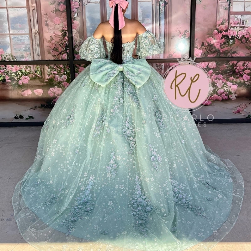 Sage Green Shiny Princess Ball Gown Quinceanera Off The Shoulder Applique Lace Beads Tull Sweet 16 Dress Vestido De 15 Anos