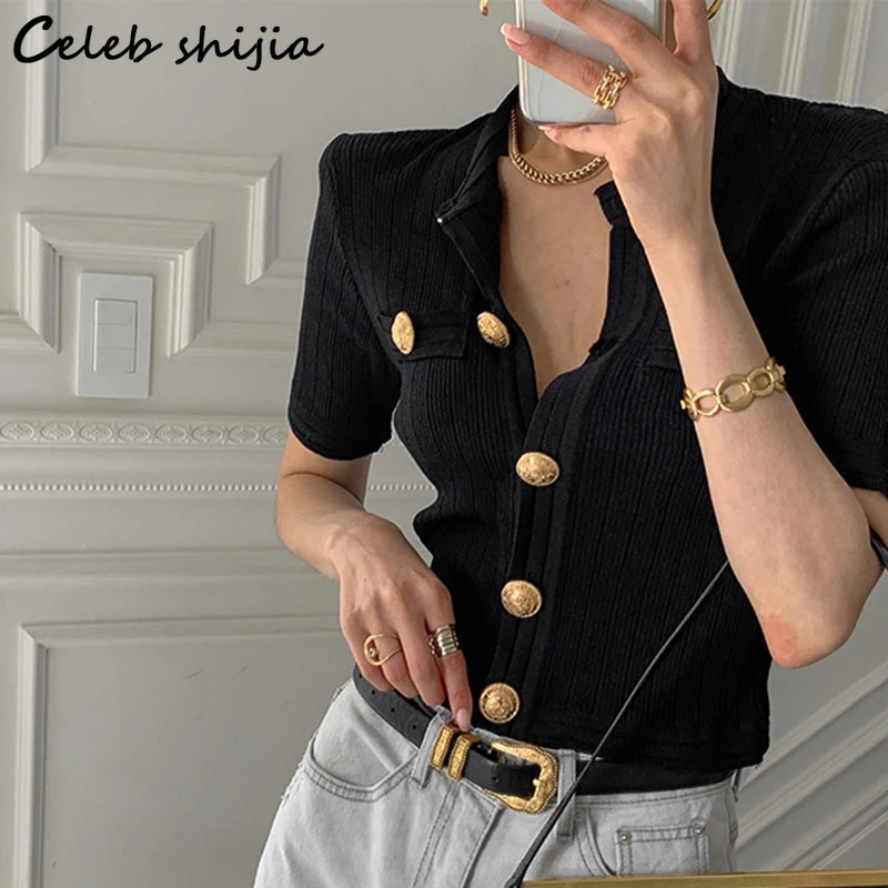 Golden Button Cropped Cardigan Woman Chic Shortsleeve Knit Tops Korean Elegant Runway Single Breasted Pink Sweater Coat 240701wtt