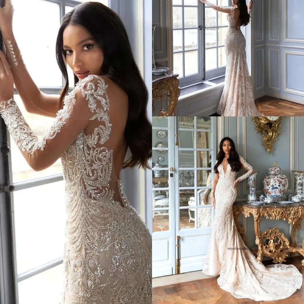 Sparkg Lace Mermaid Wedding Dresses Sheer Long Sleeves Scoop Neck Beaded Backless Boho Beach Plus Size Bridal Gowns Bc18019 0618 0703