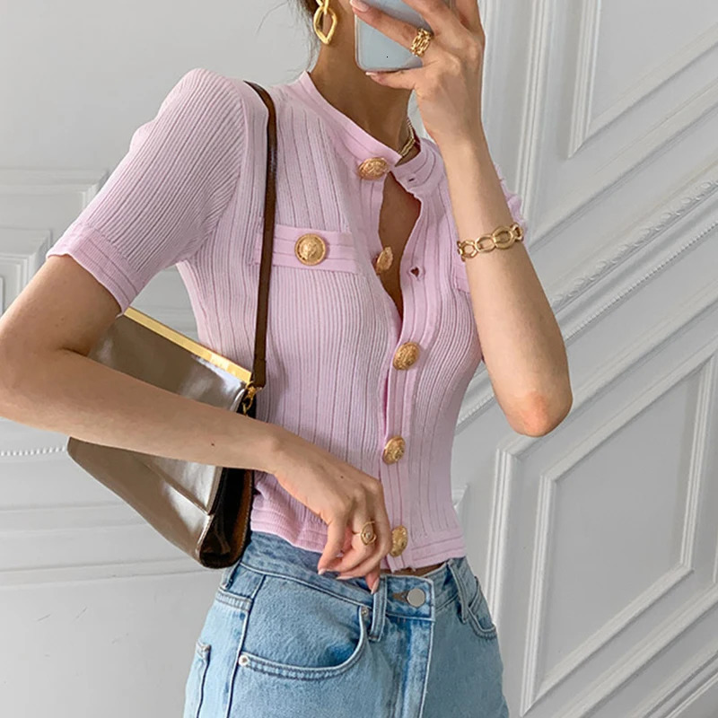 Golden Button Cropped Cardigan Woman Chic Shortsleeve Knit Tops Korean Elegant Runway Single Breasted Pink Sweater Coat 240701wtt