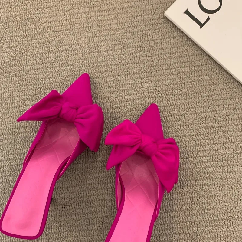 Fashion 2024 Women Slippers Stiletto Sexy High Heels Bowknot Slippers Flip Flops Pointed Toe Slides Party Shoes Woman G308 240703