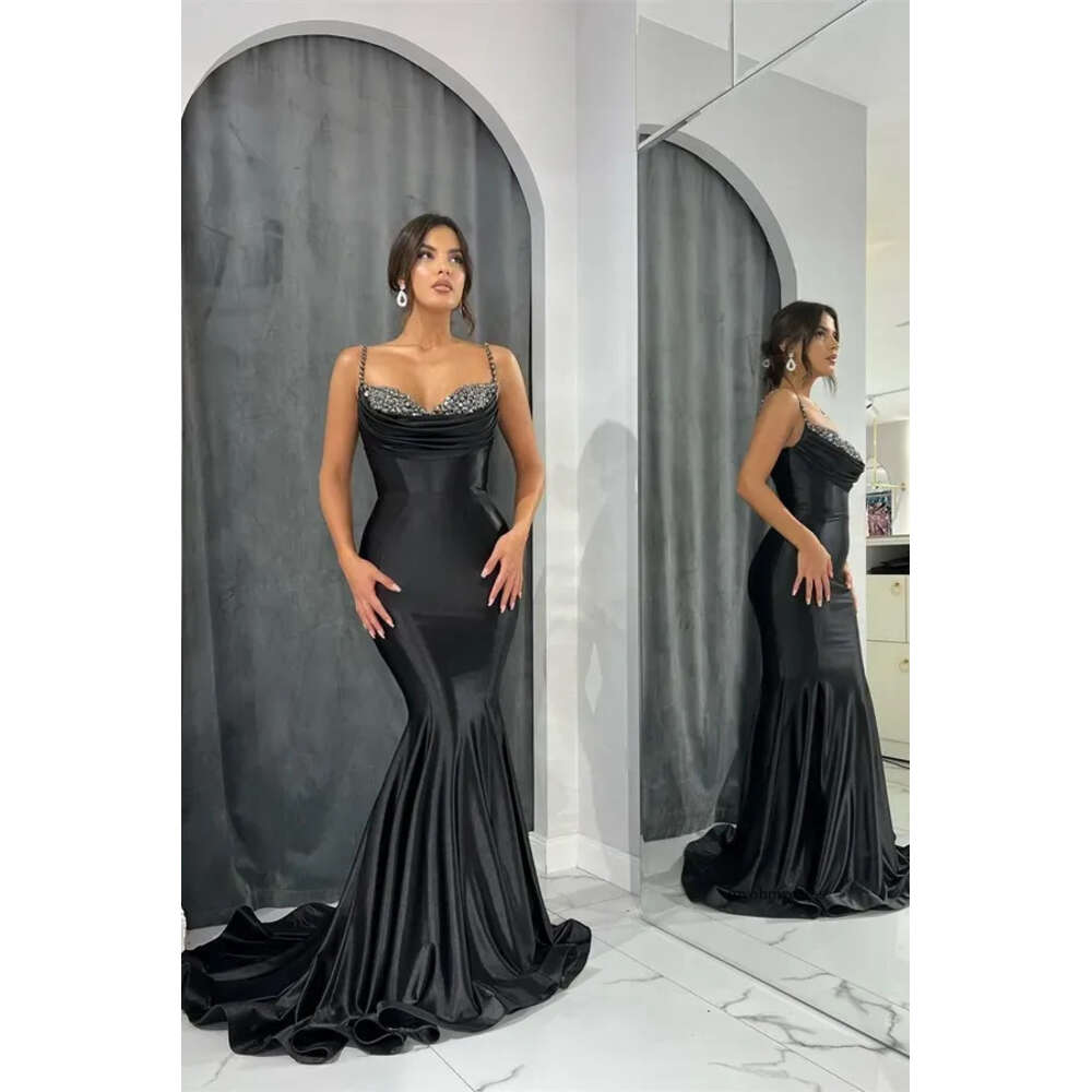 Evening Black Dresses Arabic Dubai Sexy Beaded Spaghetti Straps Mermaid Prom Gowns Women Party Ocn Vestidos Bc