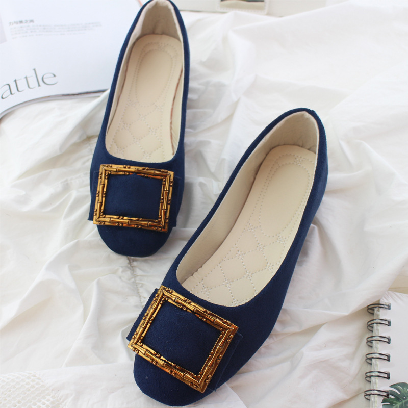 Spring and Autumn Korean version candy color flat bottom square toe pumps women's scoop shoes plus size square buckle women's shoes blue 4 c