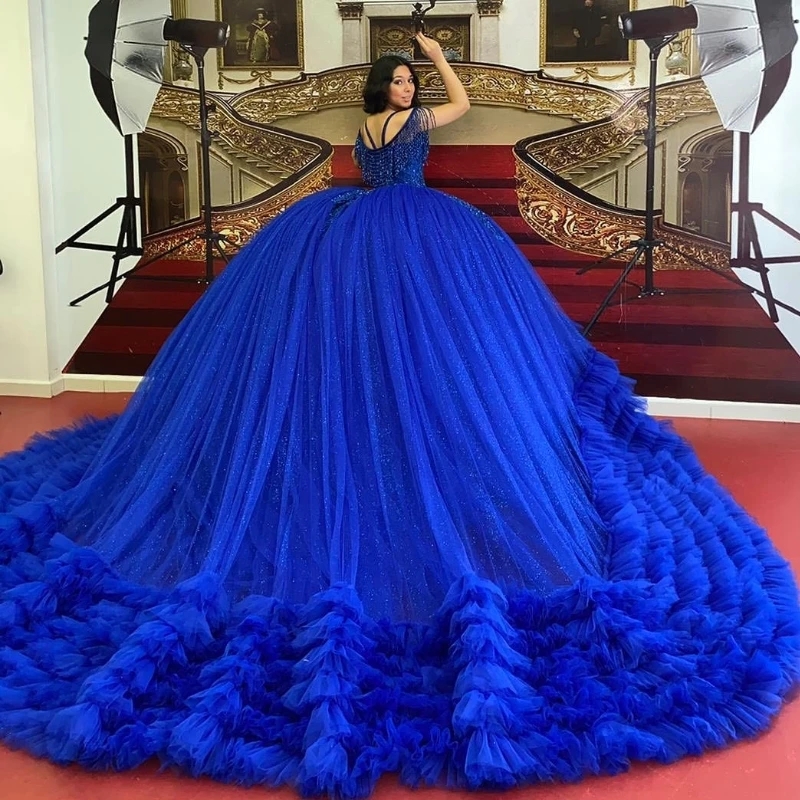 Blue Shiny Flower Girl Quinceanera Dresses Off The Shoulder Appliques Lace Beads Tull Tiered Vestidos De 15 Formal Princess Party Dress Swee